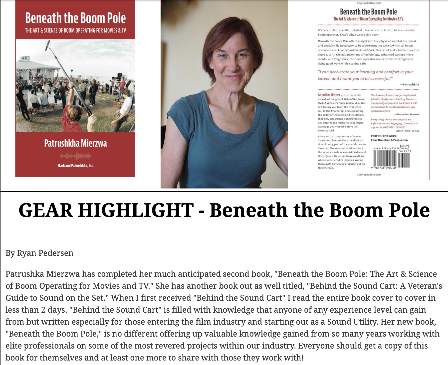Cover page of the book titled 'Beneath the Boom Pole' by Patrushkha Mierzwa, featuring a photo of a woman in a blue shirt on the right, and an image of a boom microphone operator with a crowd on a film set on the left.