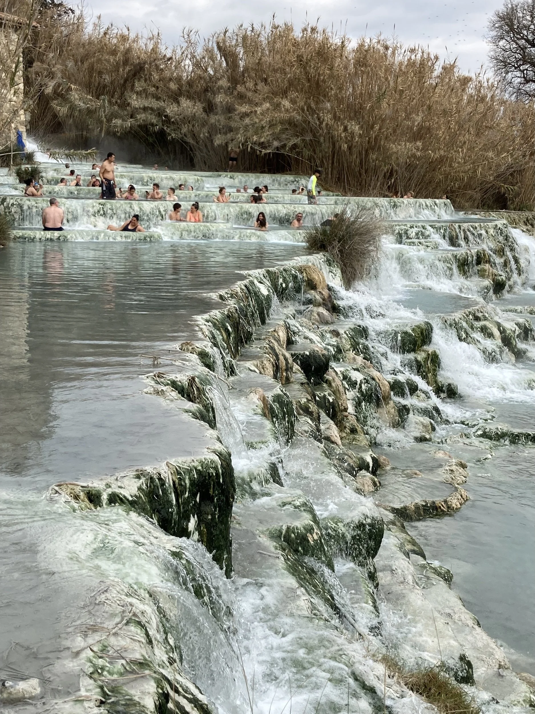 A natural hot spring with multiple tiers of mineral-rich water cascading down rocks, with numerous people relaxing and bathing in the pools surrounded by tall reeds and trees under a cloudy sky.