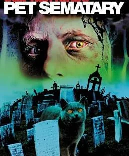 A creepy horror movie poster with a distorted face, a graveyard, a black cat, and supernatural elements, titled 'Pet Sematary'.
