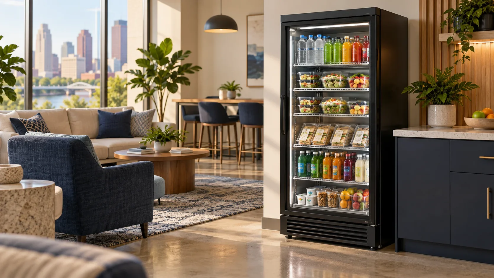 Illustrative OnHand Living smart cooler stocked with drinks, snacks and everyday essentials. Product mix varies by location.