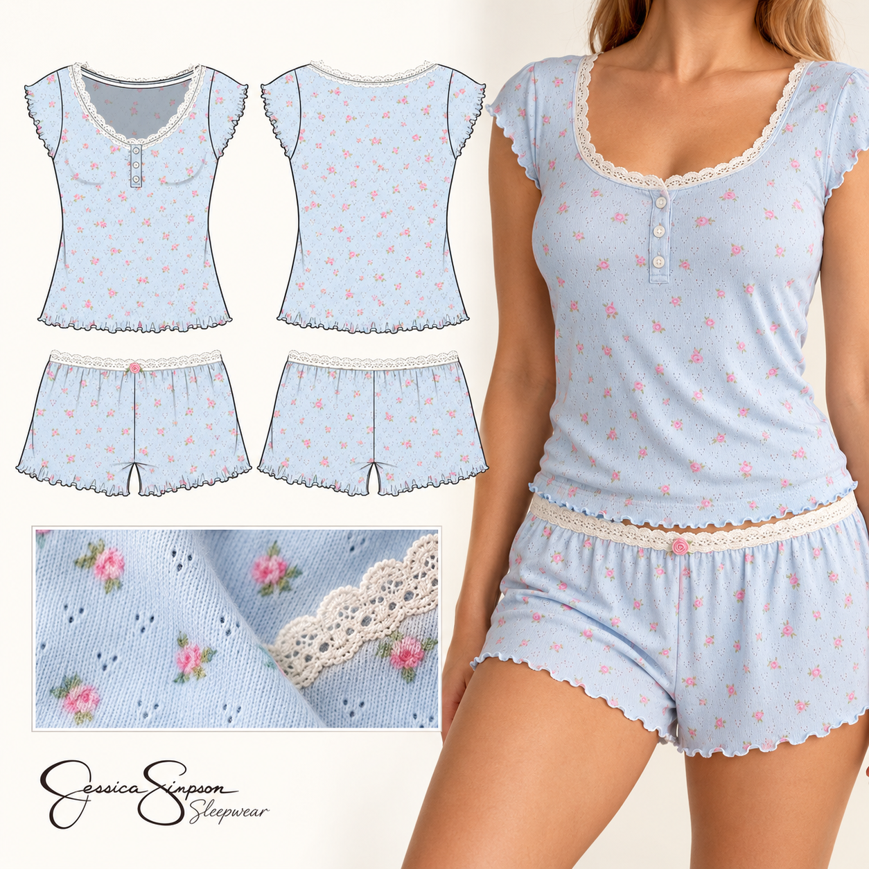 Jessica Simpson Sleepwear 

Romantic sleepwear with comfort  in every detail. Working collaboratively, I translated the design into precise front and back flats, fabrication specifications, and construction callouts. Lace trim, gathered Henley detail