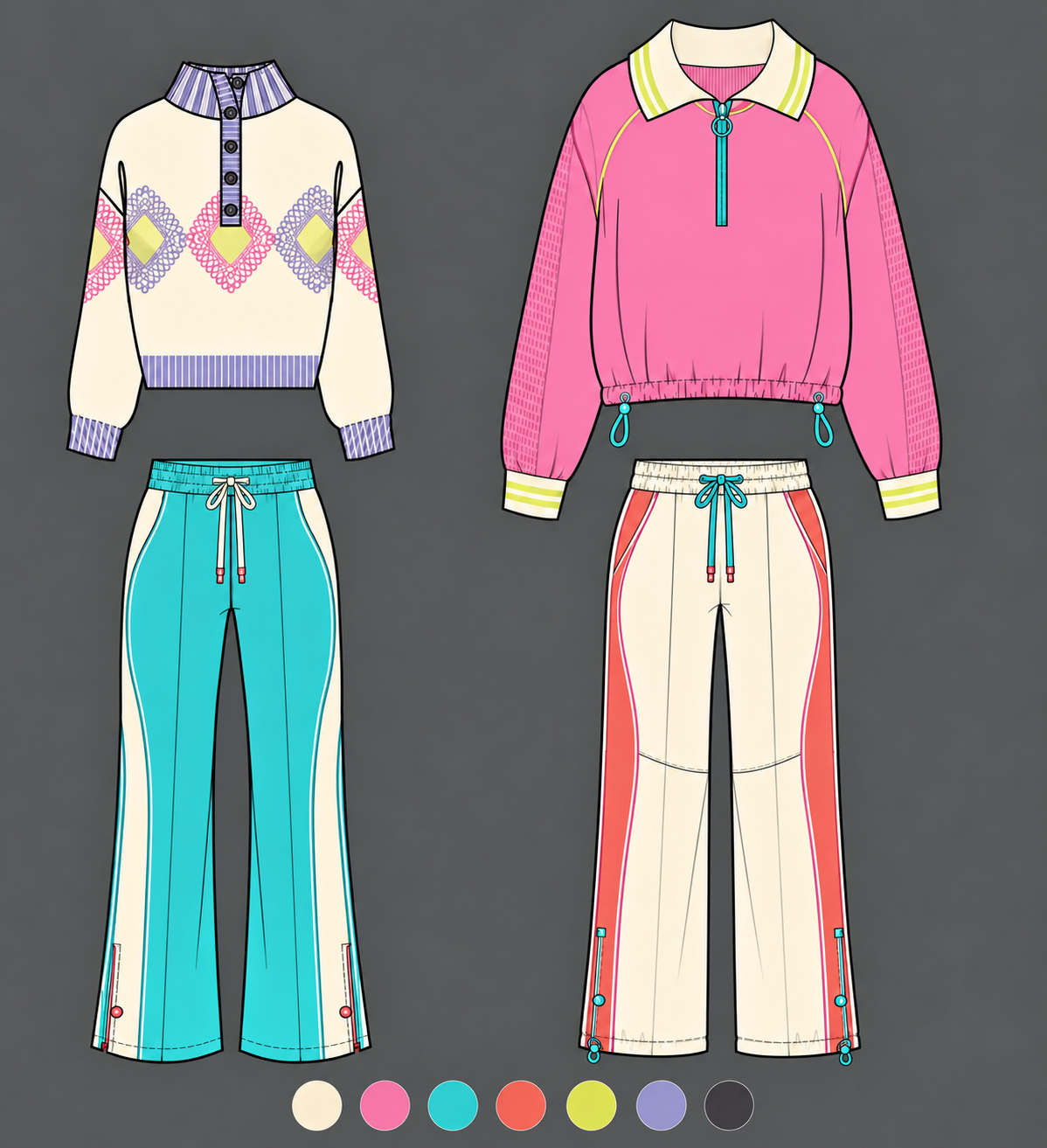 Colorful Activewear Collection
Confident color combinations and coordinated separates express an energetic design perspective, with consistent detailing and versatile silhouettes made for movement.