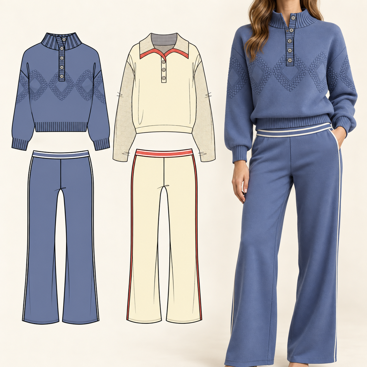 Modern Heritage Activewear

A Collection pairing textured pullovers with wide-leg track pants in soft, vintage-inspired colors. My point of view brings collegiate styling together with everyday comfort.