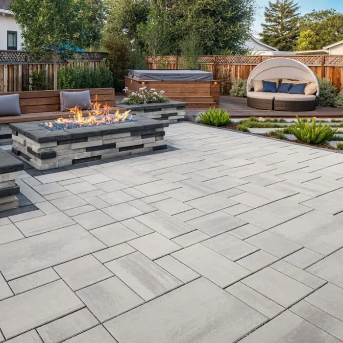 A backyard patio with gray stone tiles, a modern rectangular fire pit, outdoor seating including a wooden bench with cushions, a round daybed with pillows, and a hot tub in the background, enclosed by a wooden fence and greenery.