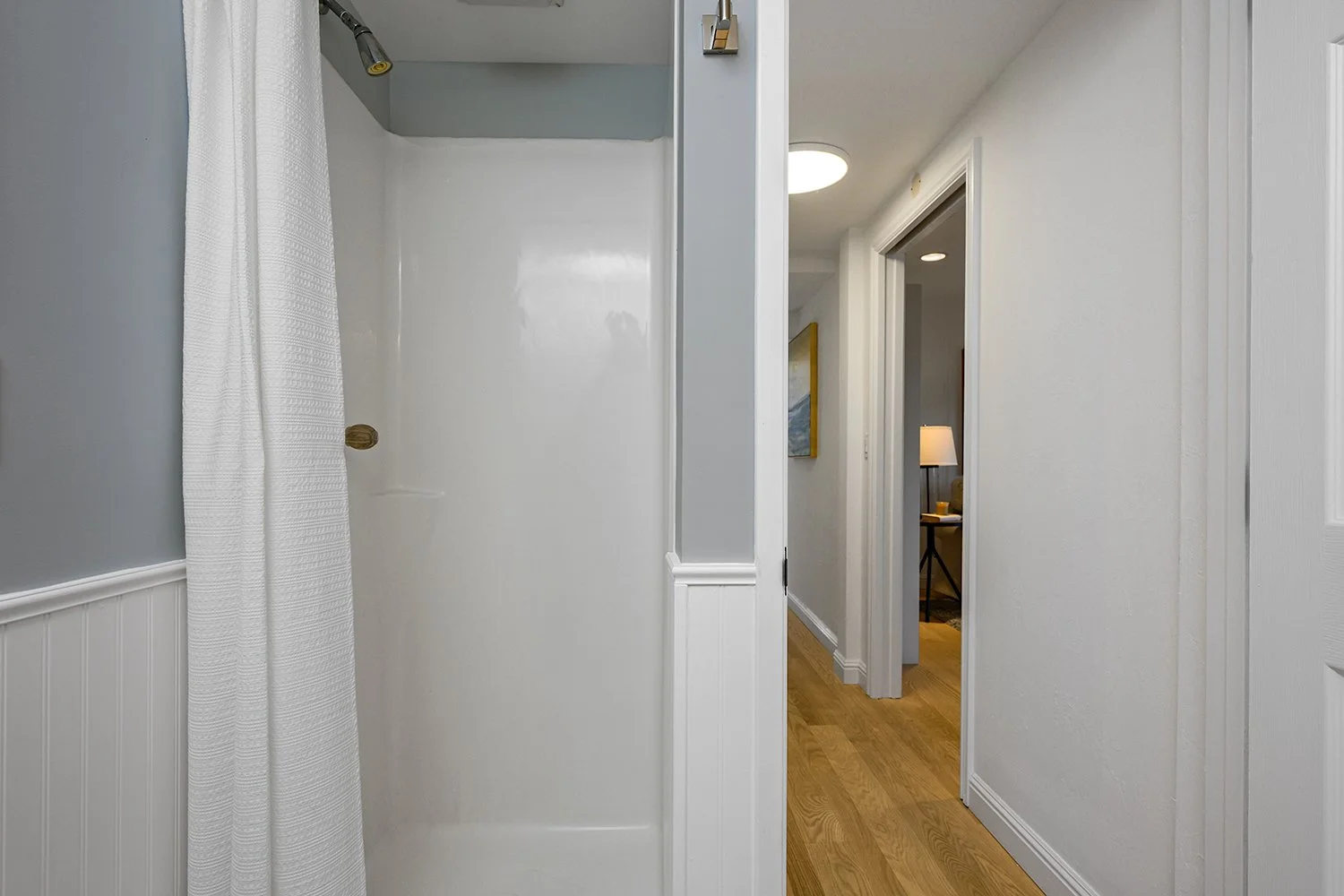 Interior view of a small bathroom or shower with a white shower stall, a white curtain, and a hallway with hardwood flooring and white walls, leading to a room with a lamp and a painting.