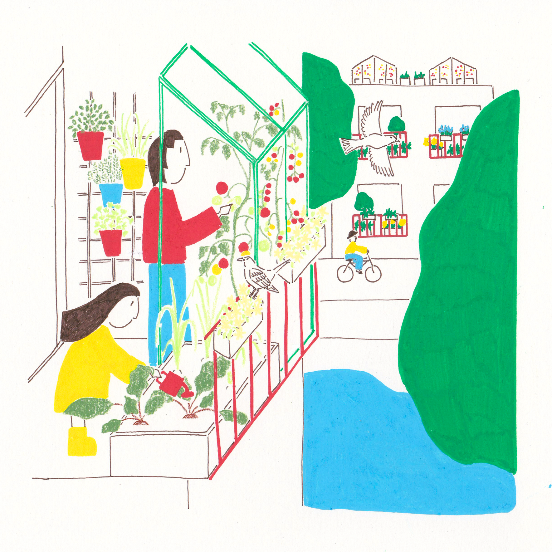 Illustration by Eva Sophia showing people growing vegetables on a balcony