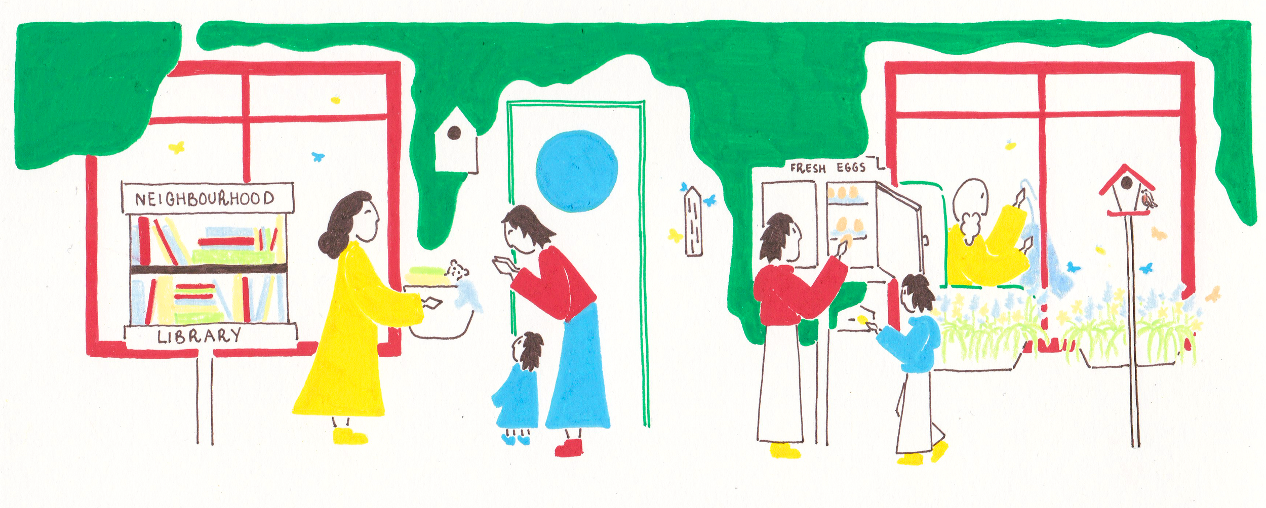 Illustration by Eva Sophia showing a community living sustainably