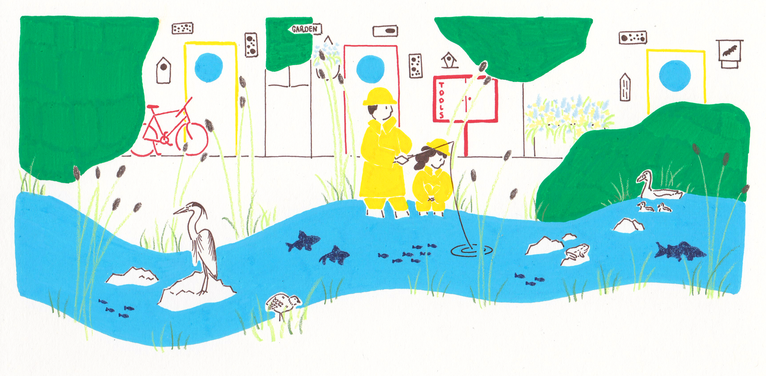Illustration by Eva Sophia showing wildlife and people fishing by a river in a town