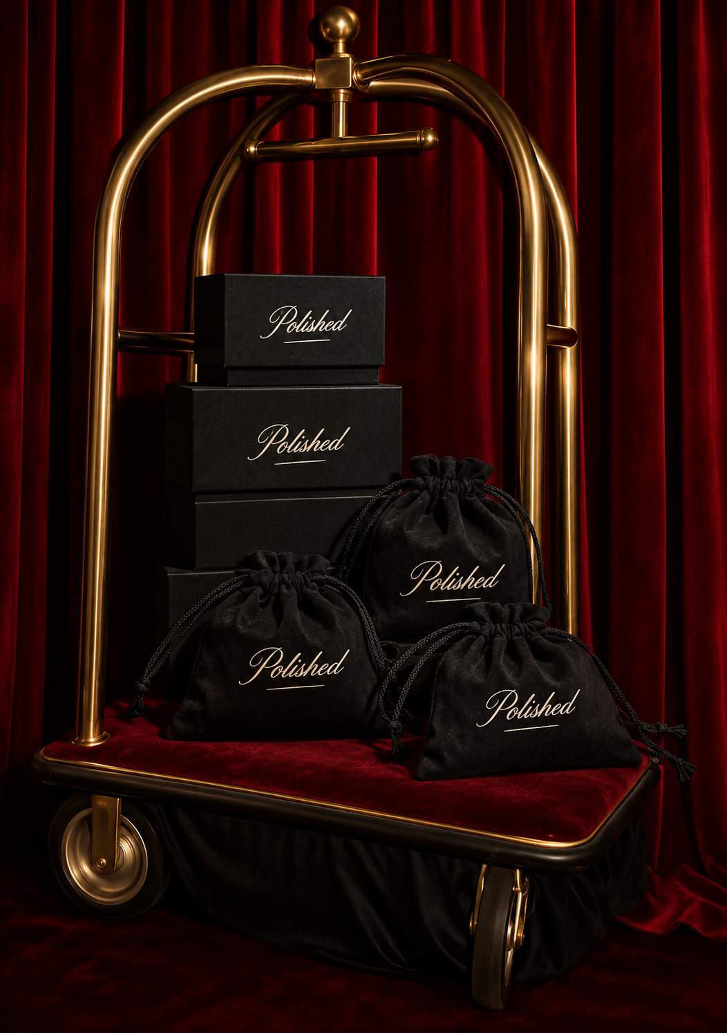A gold luggage cart with red velvet curtains in the background, holding four black boxes labeled 'Polished' and three black fabric pouches also labeled 'Polished'.