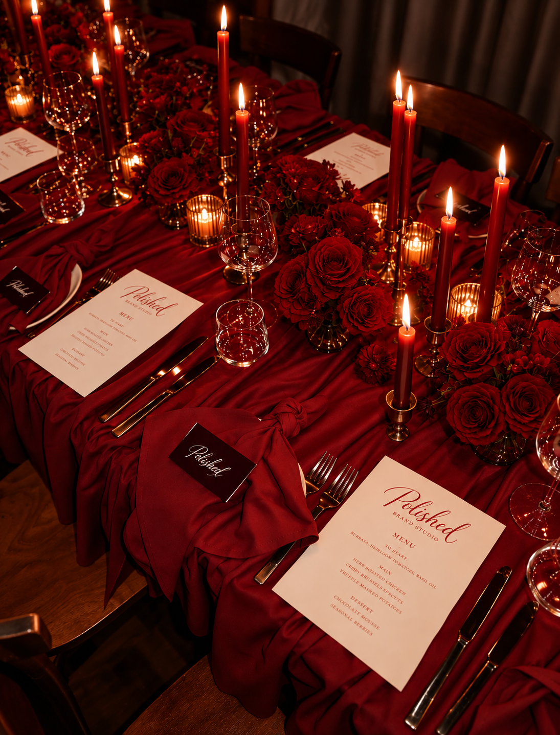 Elegant dinner table with red tablecloth, red flowers, tall candles, candle holders, wine glasses, silverware, and printed menus.
