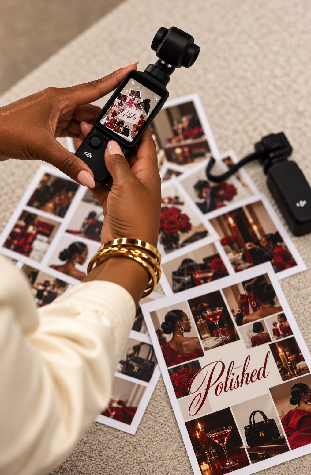 Person taking a photo of a photo collage titled "Polished" with a drone camera. The collage features women and objects in red and black, with candles, flowers, and handbags. The person is wearing gold bracelets and a white shirt, and the photo is on a beige carpet.
