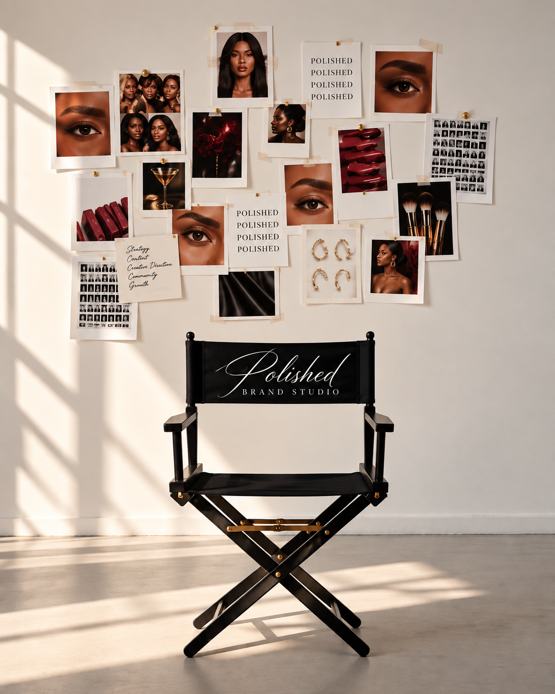 A wall decorated with photos of women, close-up portraits of eyes, and several words like "Polished" and inspirational notes. In front, a black director's chair with "Polished Brand Studio" printed on it, and sunlight creates shadows on the floor.