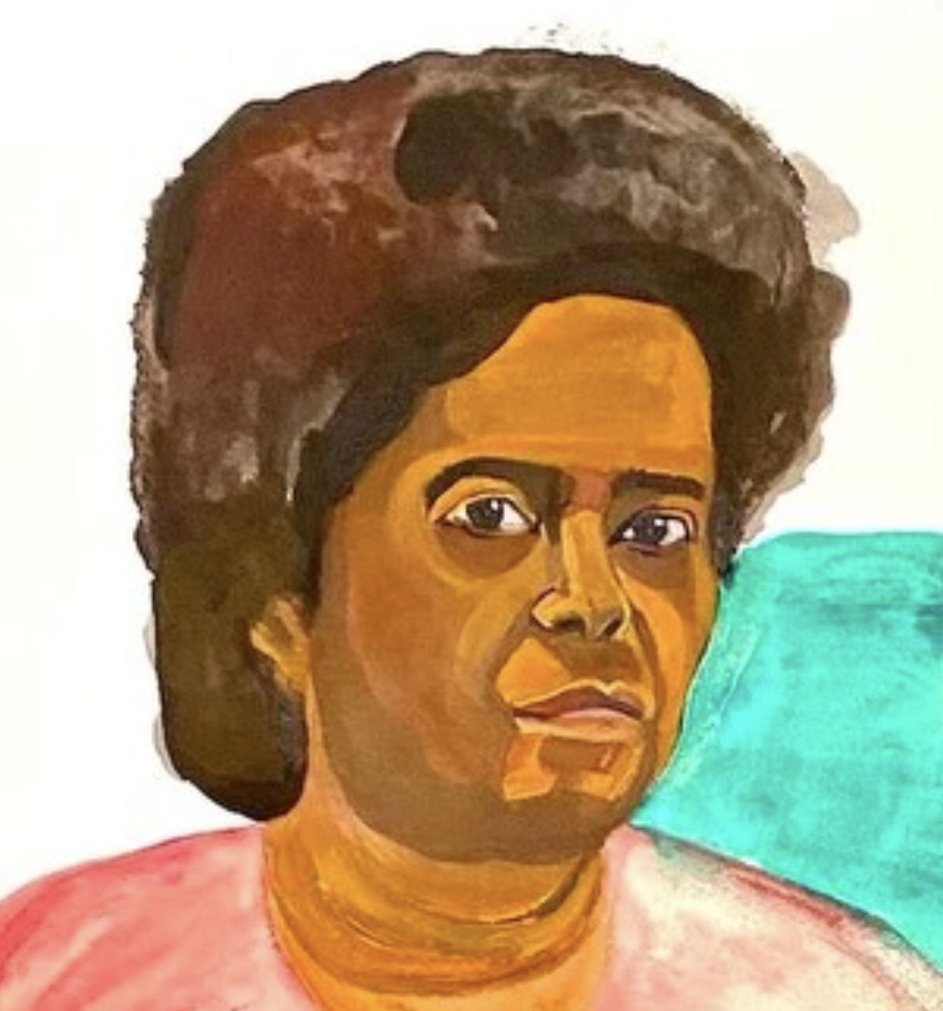 A painting of an African American woman with a large afro hairstyle, wearing a turquoise top and a pinkish shirt, against a plain background.