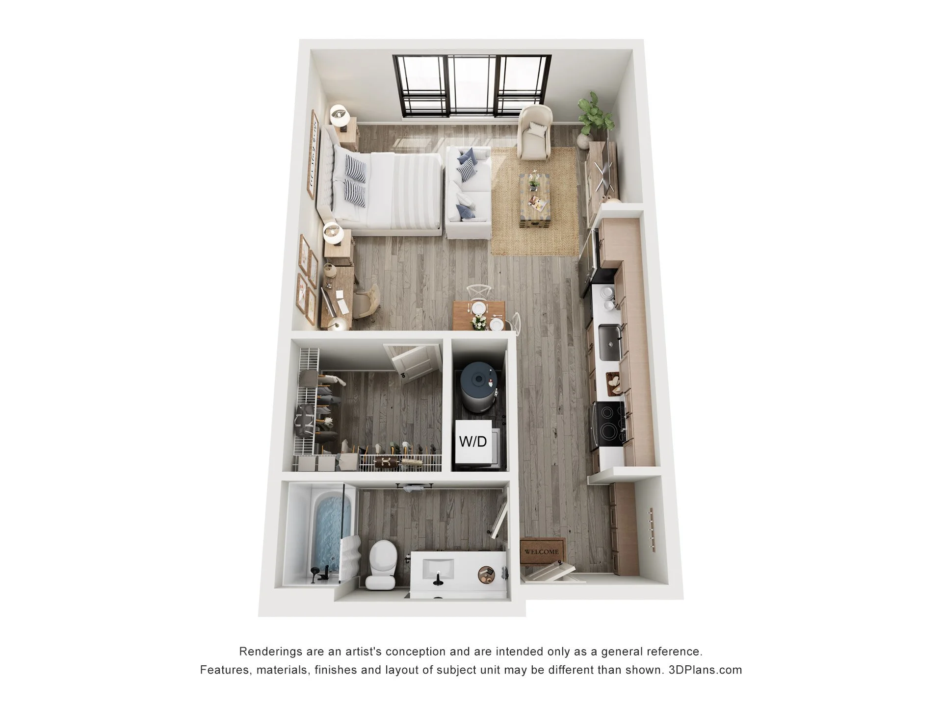 Top-down view of a small modern apartment with a bedroom, living area, kitchen, bathroom, and laundry space, featuring wood flooring, white walls, and minimal furniture.