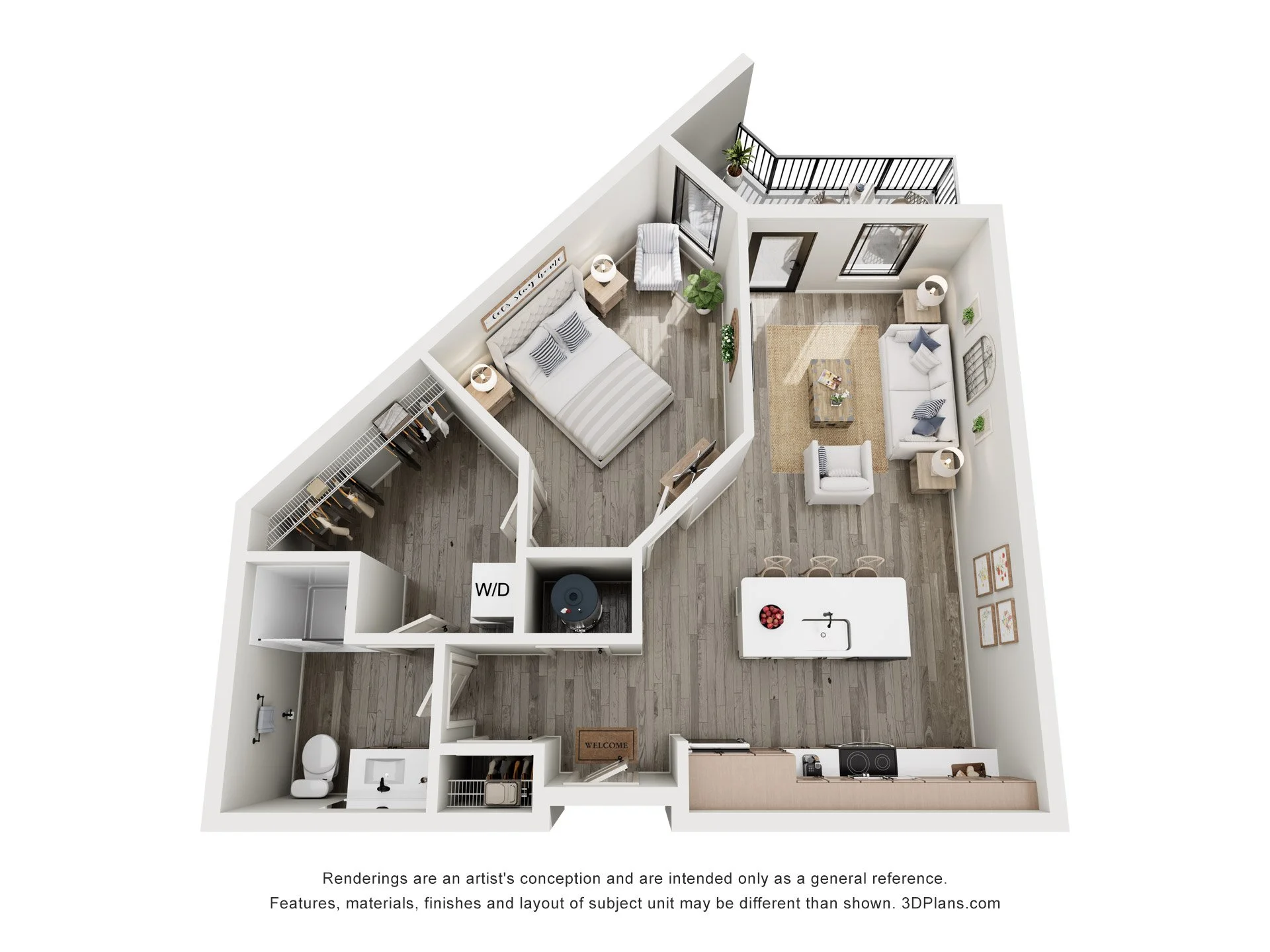 3D floor plan of an apartment featuring a kitchen, living room, bedroom, bathroom, walk-in closet, laundry area, and mechanical room, with wooden flooring throughout.