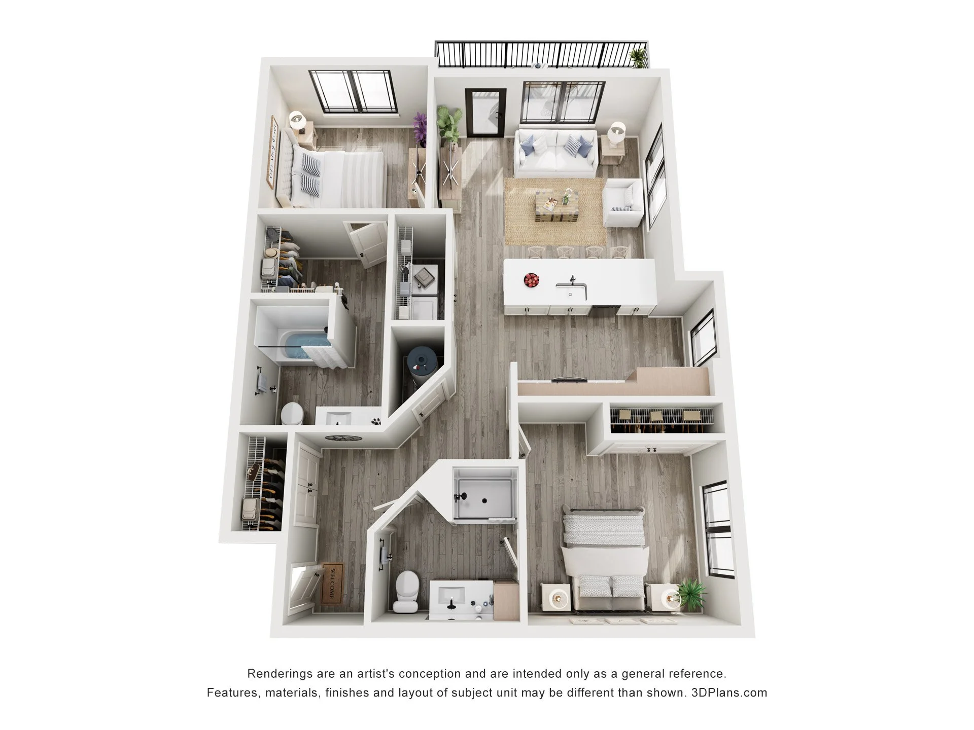 Top-down view of a one-bedroom apartment with a living room, kitchen, bedroom, bathroom, and closet space.