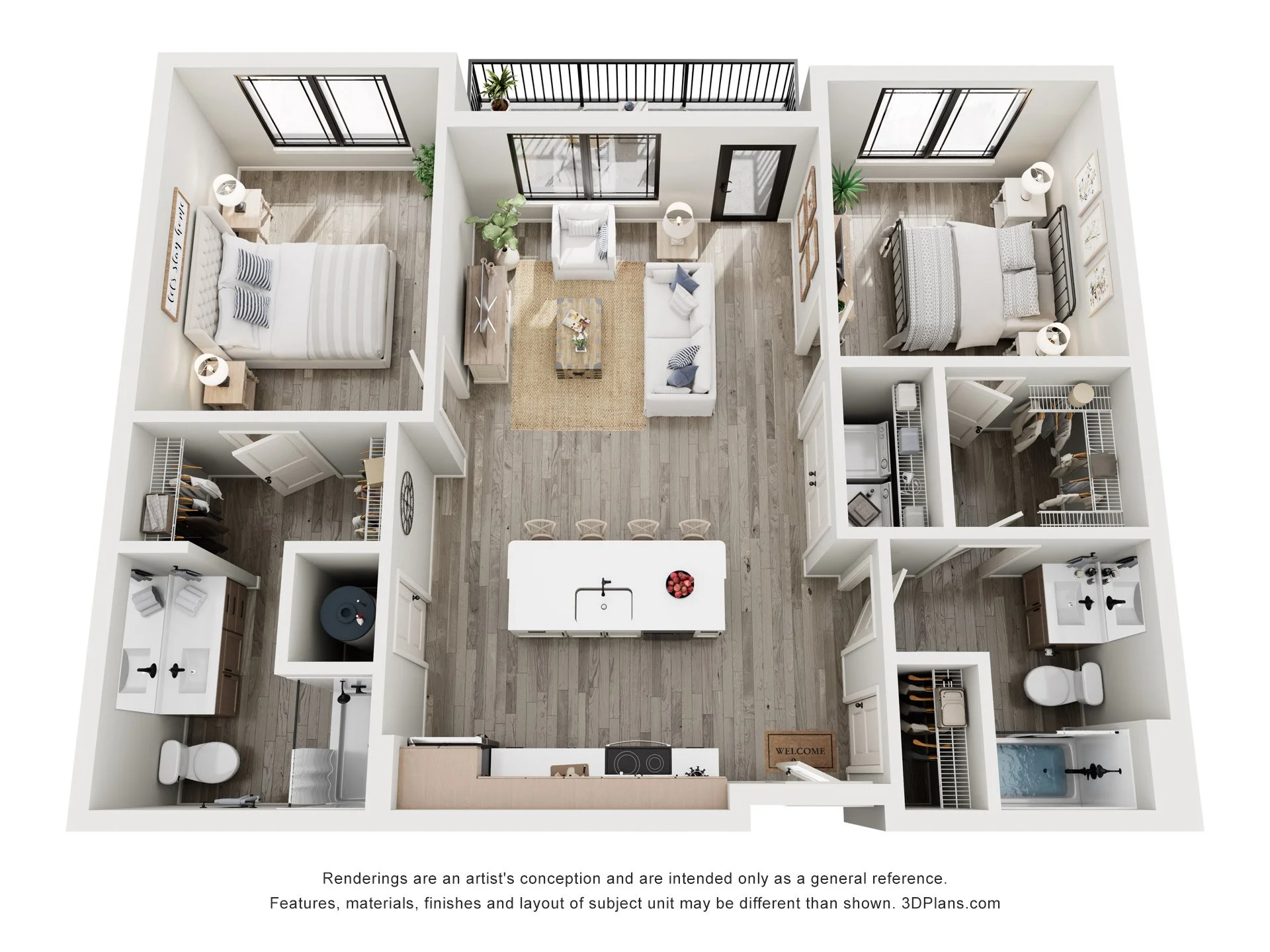 Top-down view of a modern apartment layout featuring two bedrooms, a living room with a balcony, a kitchen island, a bathroom, and a laundry area.