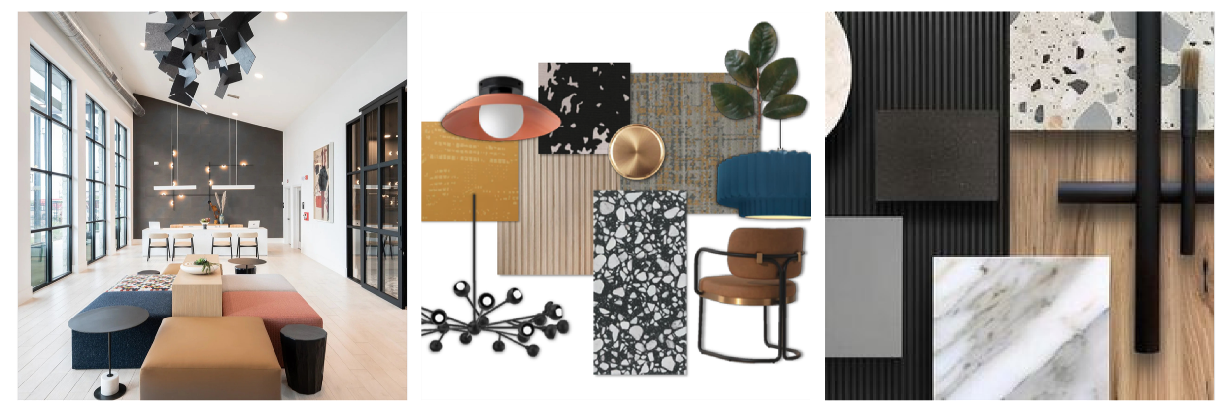 Interior design collage featuring a modern living room with large windows and high ceilings, a collection of interior decor materials including fabric swatches, and various flooring and wall textures.
