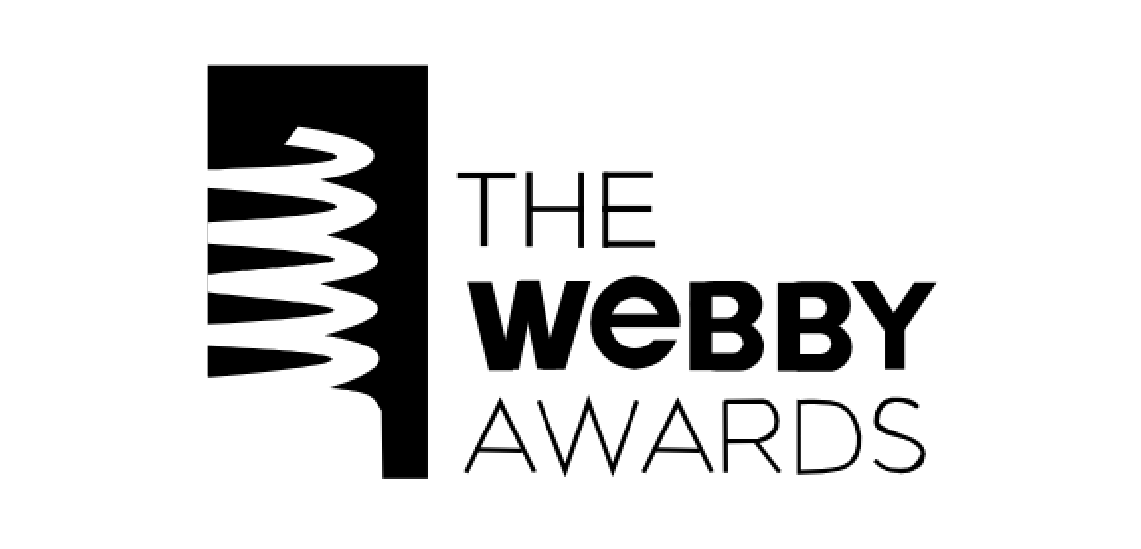 Logotipo en blanco y negro de los premios Webby, con un globo terráqueo estilizado a la izquierda y el texto a la derecha.