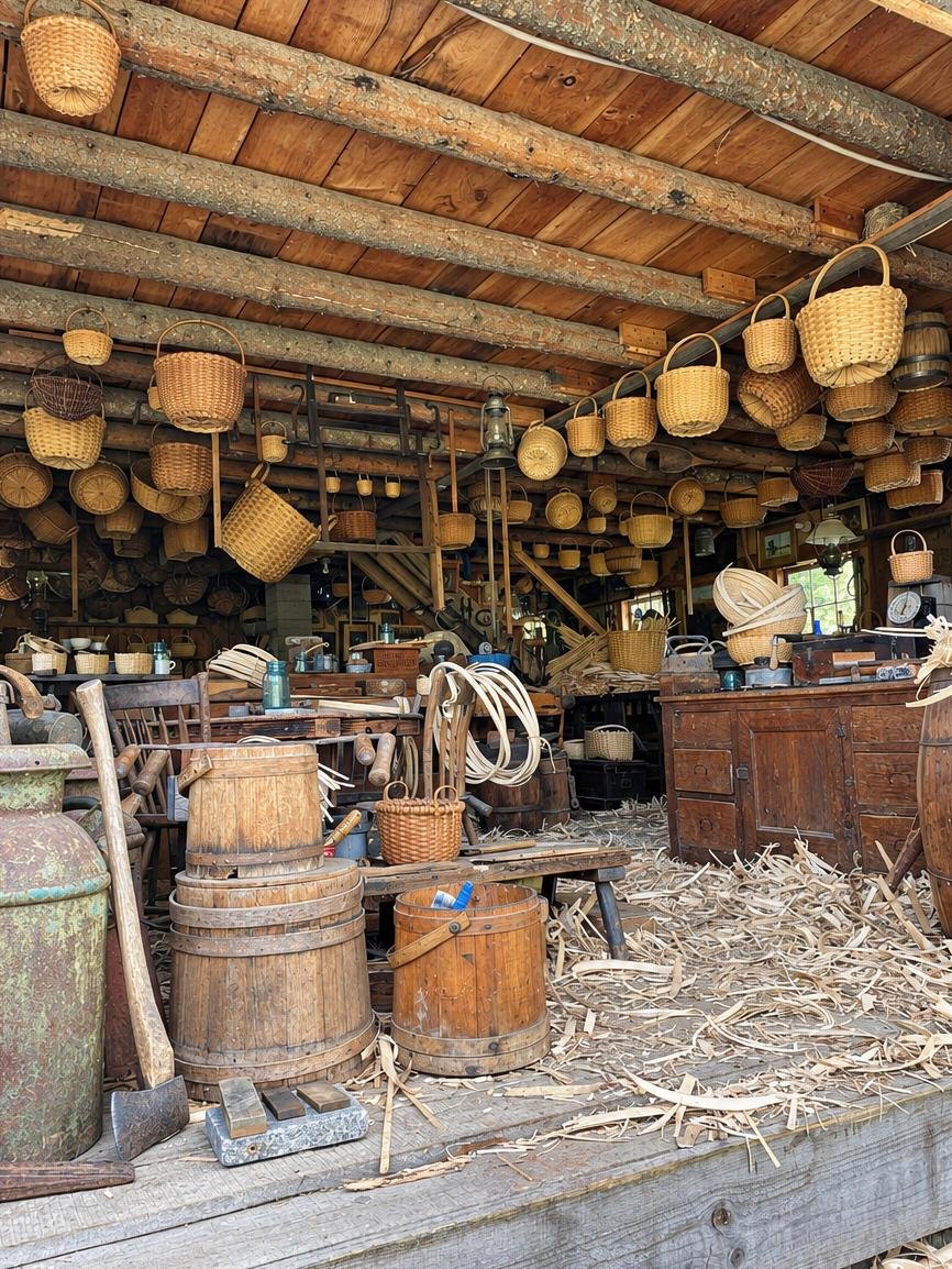 A rustic wooden workshop filled with vintage baskets hanging from the ceiling and placed on shelves, along with various wooden tools and containers scattered on the floor and workbenches.
