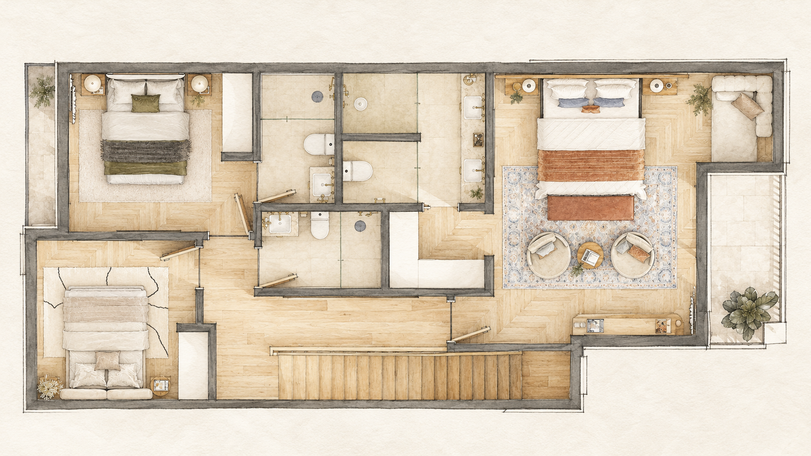 Upper Level — Three bedrooms form the private level. The primary suite includes a sitting area and terrace, while the two additional bedrooms sit across the hall near the bathrooms.