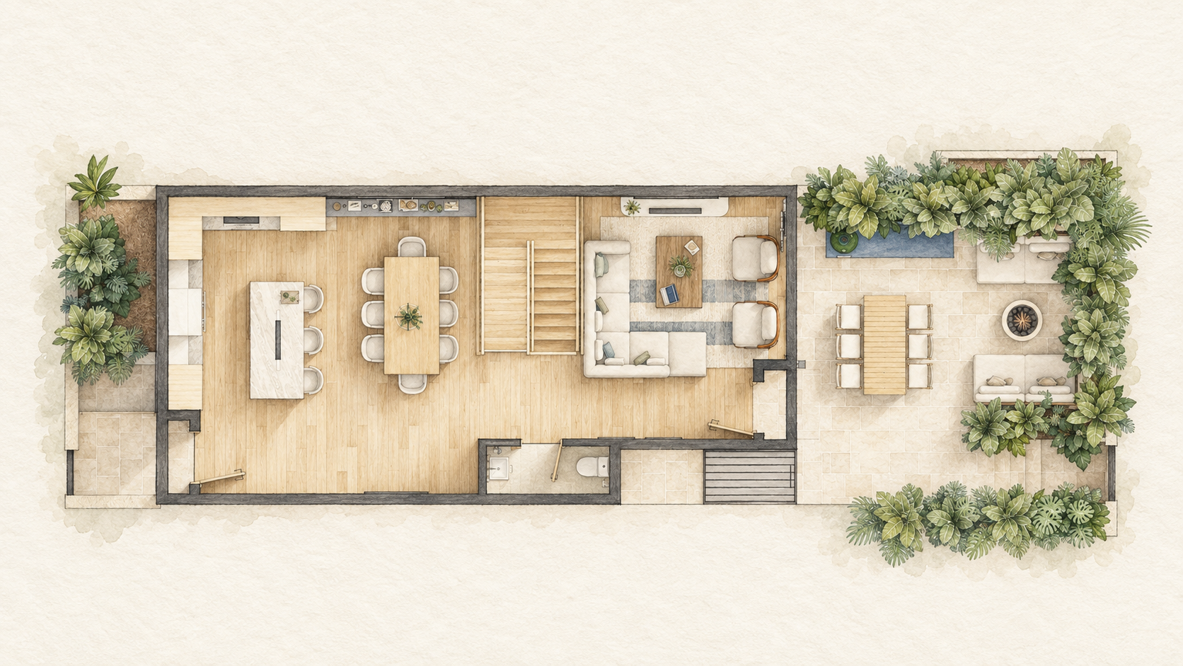 Ground floor — The kitchen, dining room, and living area form an open space that leads to a planted terrace. Outdoor dining and seating extend the home beyond the living room.