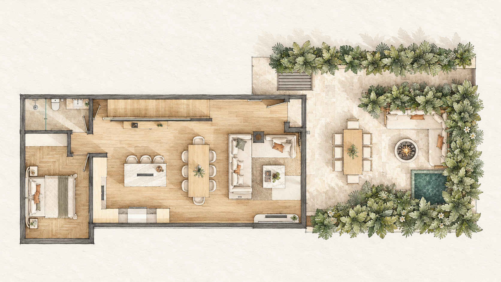 Main Level — The open kitchen, dining, and living spaces lead to a planted patio with outdoor dining, a fire pit, and a plunge pool. A guest bedroom and bathroom add convenience on this level.