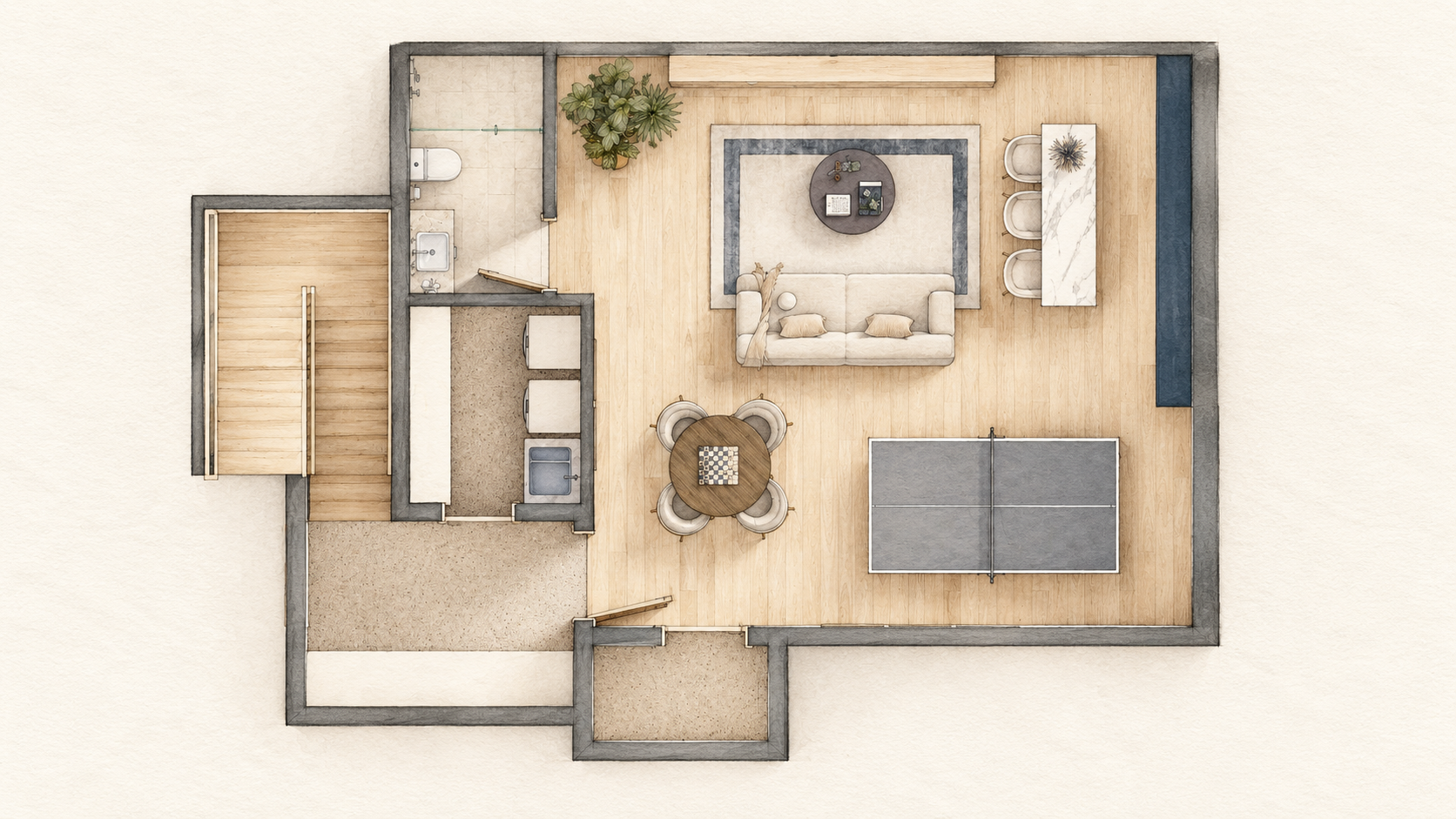 Basement — A generous recreation room brings together a lounge, game table, and ping-pong area. A bathroom and utility space make it a flexible place to relax or entertain.