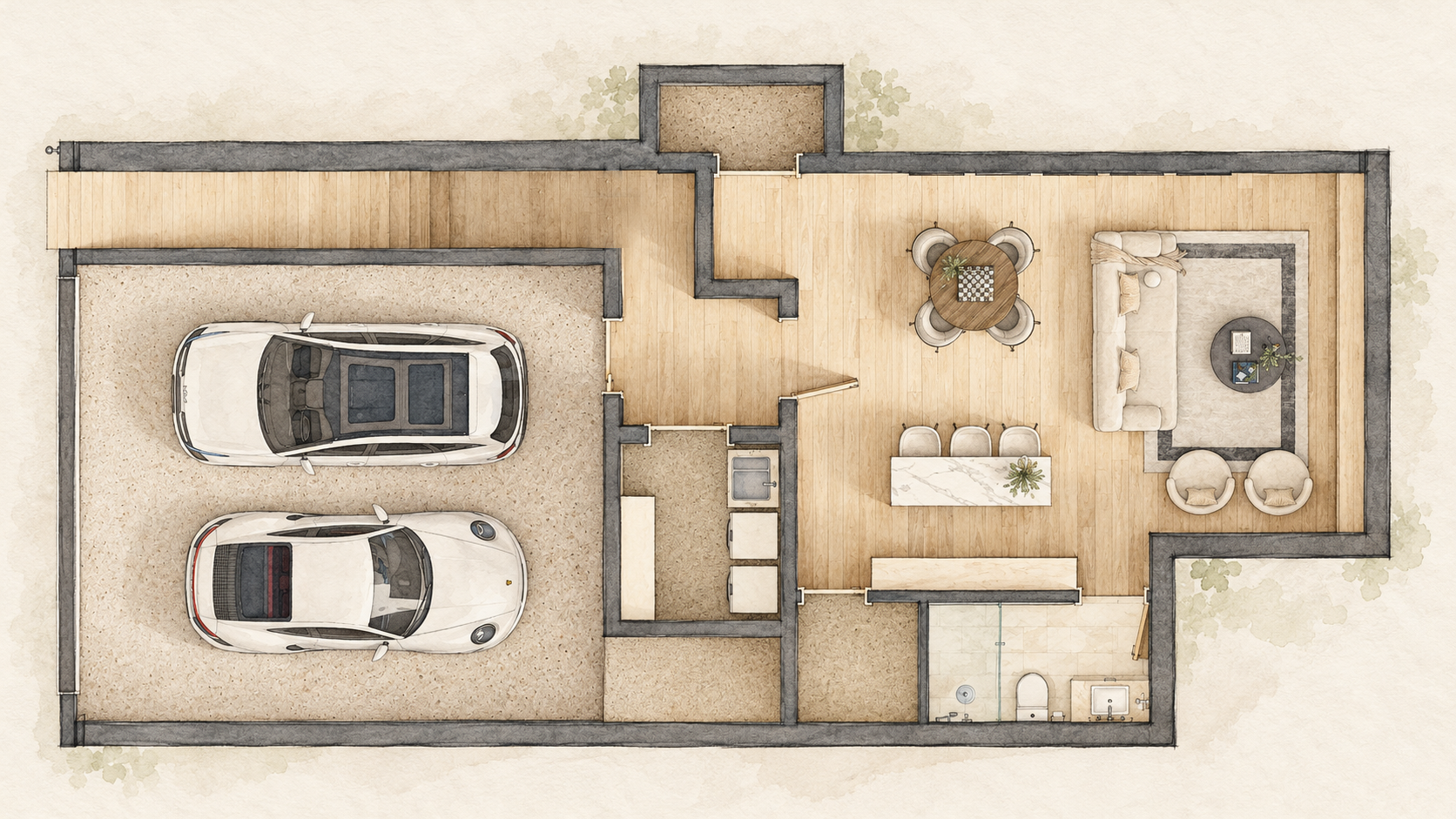Basement — A two-car garage connects to a spacious lounge with room for games and conversation. A bathroom and utility area make the level useful beyond parking.