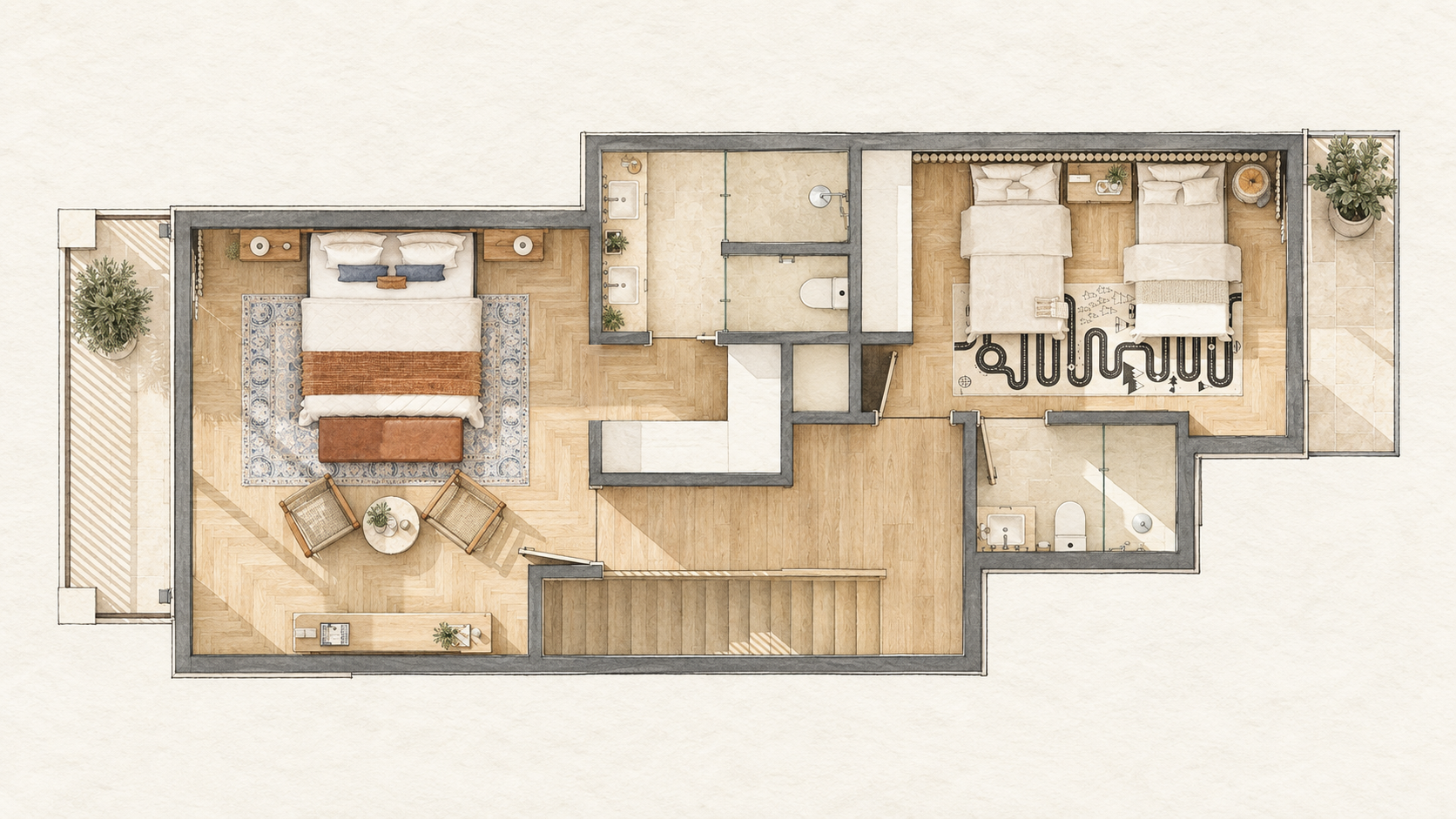 Upper floor — The primary bedroom includes a sitting area and opens onto a private terrace. A second bedroom with two beds sits across the hall, with bathrooms serving the rooms on this level.