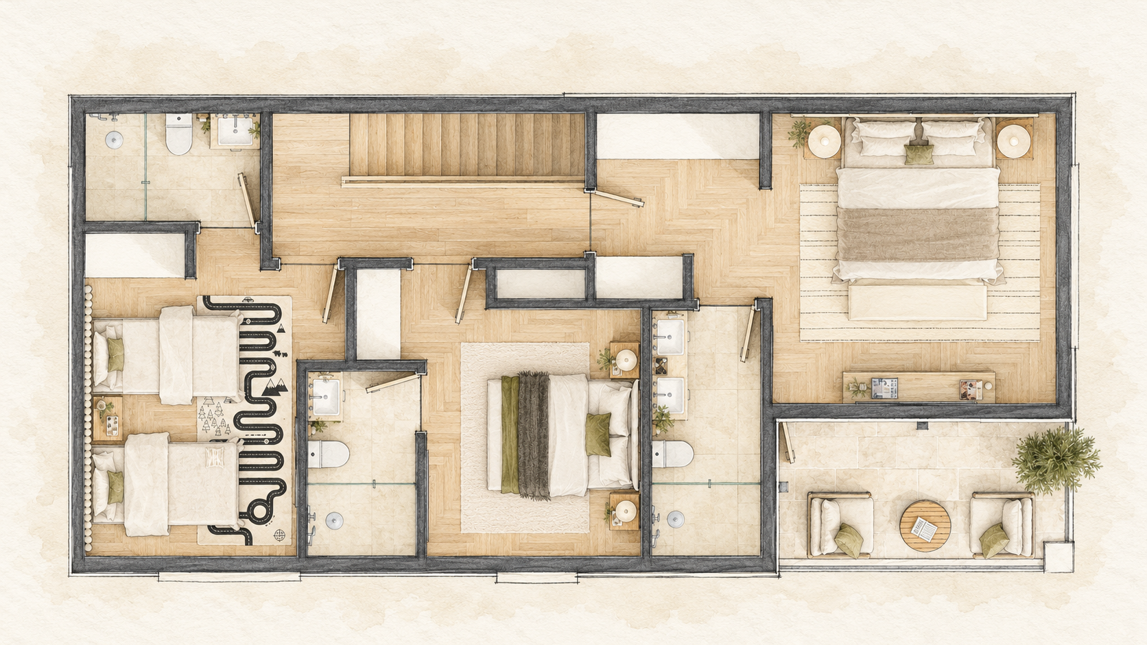 Upper floor — Three bedrooms occupy the private level. One opens beside an outdoor sitting terrace, while the other two are arranged along the hall with nearby bathrooms.