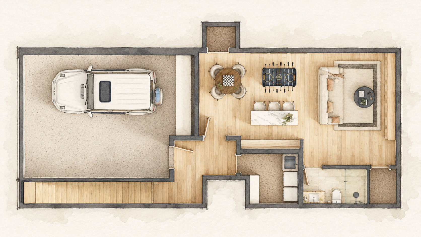 Basement — A garage sits beside a generous recreation lounge with seating, foosball, and space for games. A bathroom and service area make the level useful for longer gatherings.