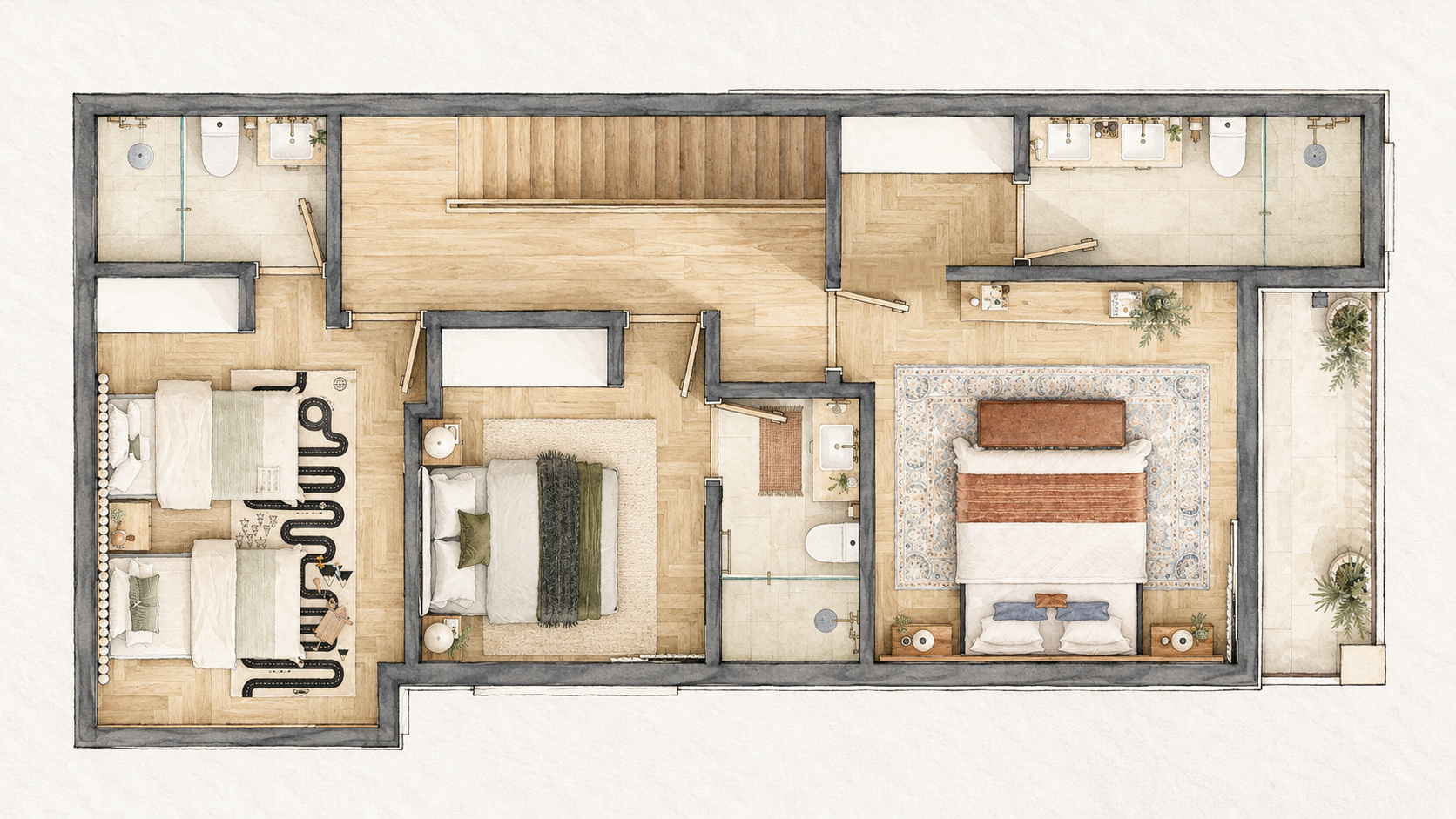 Upper Level — Three bedrooms occupy the upper floor, including a primary suite with a private terrace. The layout gives each room its own sense of space while keeping the bedrooms connected by a central hall.
