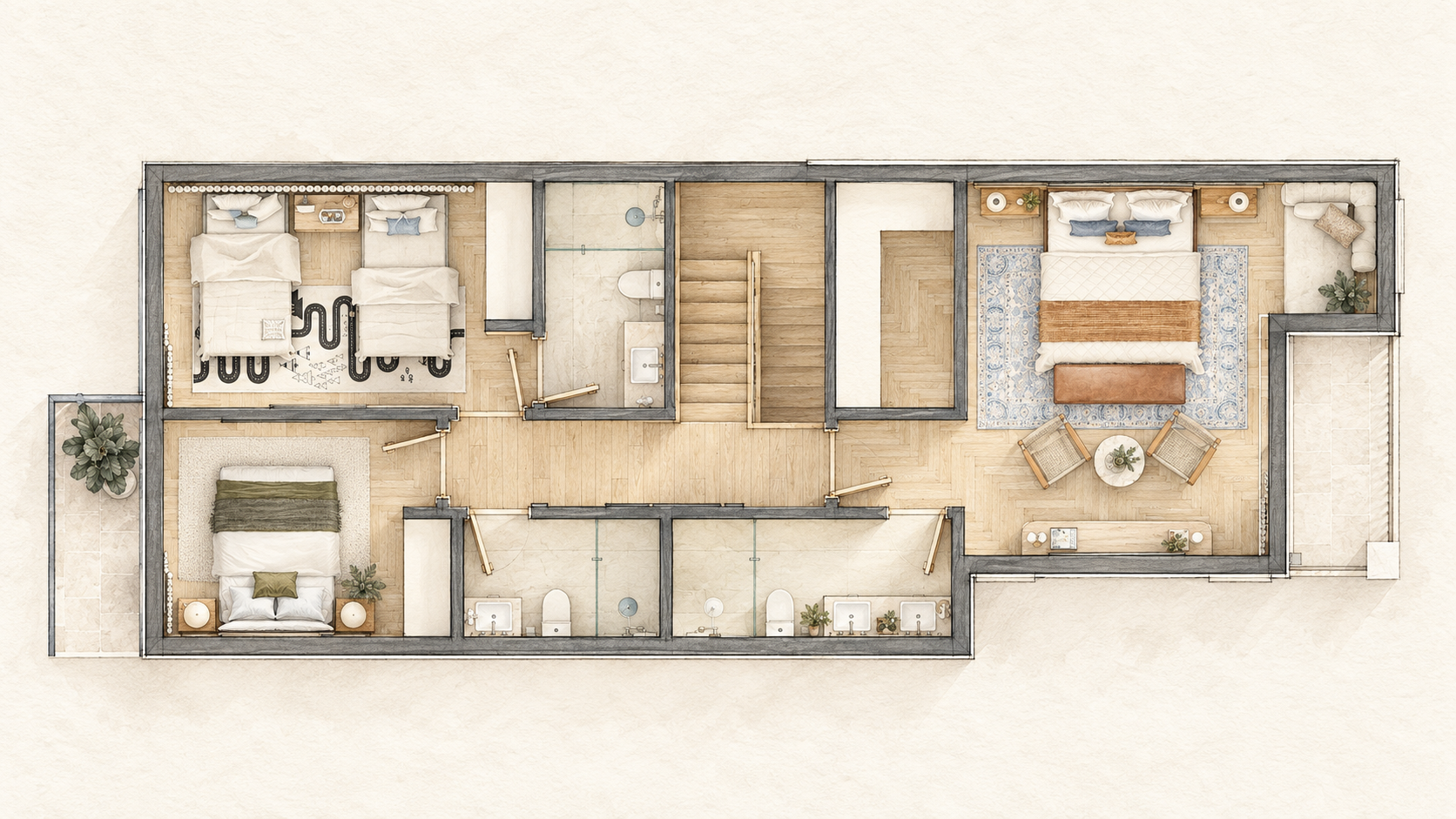 Upper floor — Three bedrooms occupy the private level. The larger bedroom has a seating area and access to an outdoor terrace, while the other two rooms sit across the central hall.