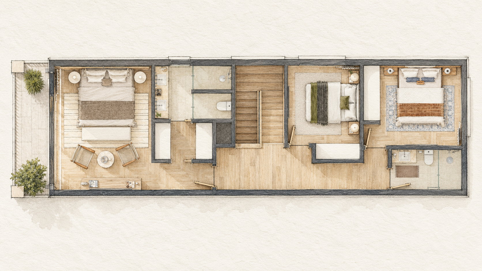 Upper floor — Three bedrooms provide a quieter space above the main living areas. The primary bedroom opens toward a planted balcony, while the central hall connects the bedrooms and bathrooms.