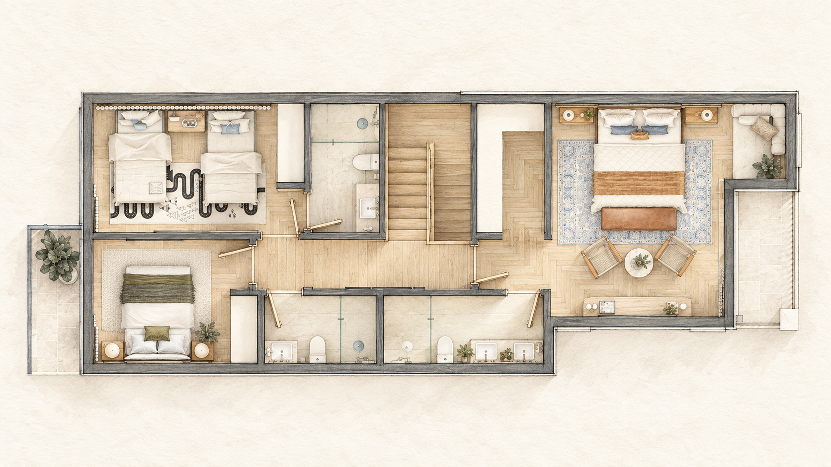 Upper floor — Three bedrooms occupy the private level. The larger bedroom has a seating area and access to an outdoor terrace, while the other two rooms sit across the central hall.