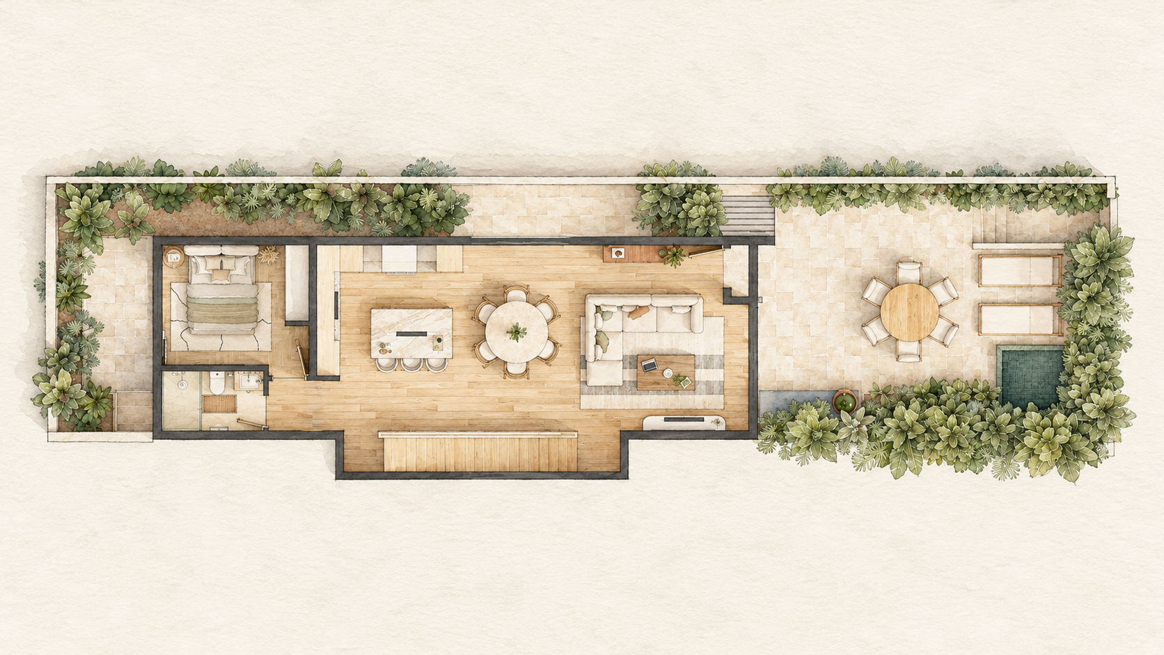 Main Level — The open living, dining, and kitchen areas lead to a planted patio with outdoor dining, loungers, and a plunge pool. A guest bedroom and bathroom sit at the other end of the floor.