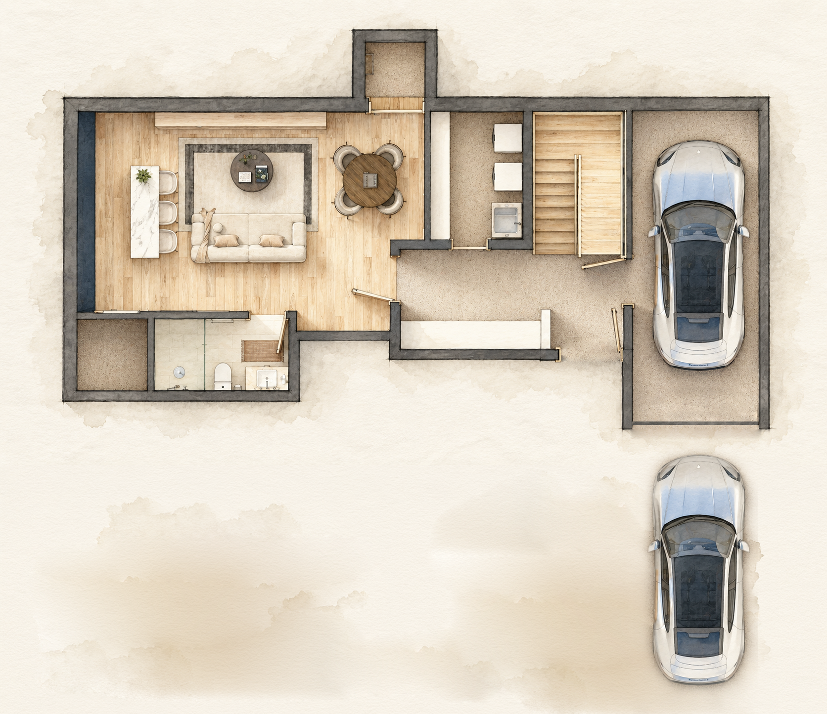 Basement — A flexible lounge and full bathroom sit beside the private garage (2 parking places), giving this level room to serve as a retreat for guests, work, or quiet evenings at home.