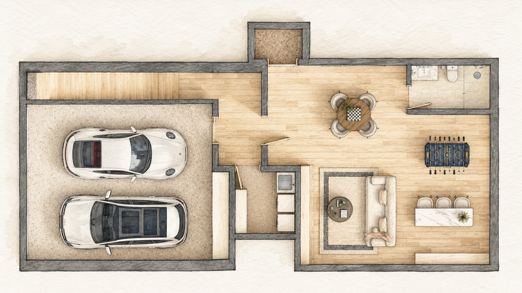 Basement — A two-car garage connects to a spacious recreation lounge with room to relax, play, and gather. A bathroom and utility area complete this flexible level.