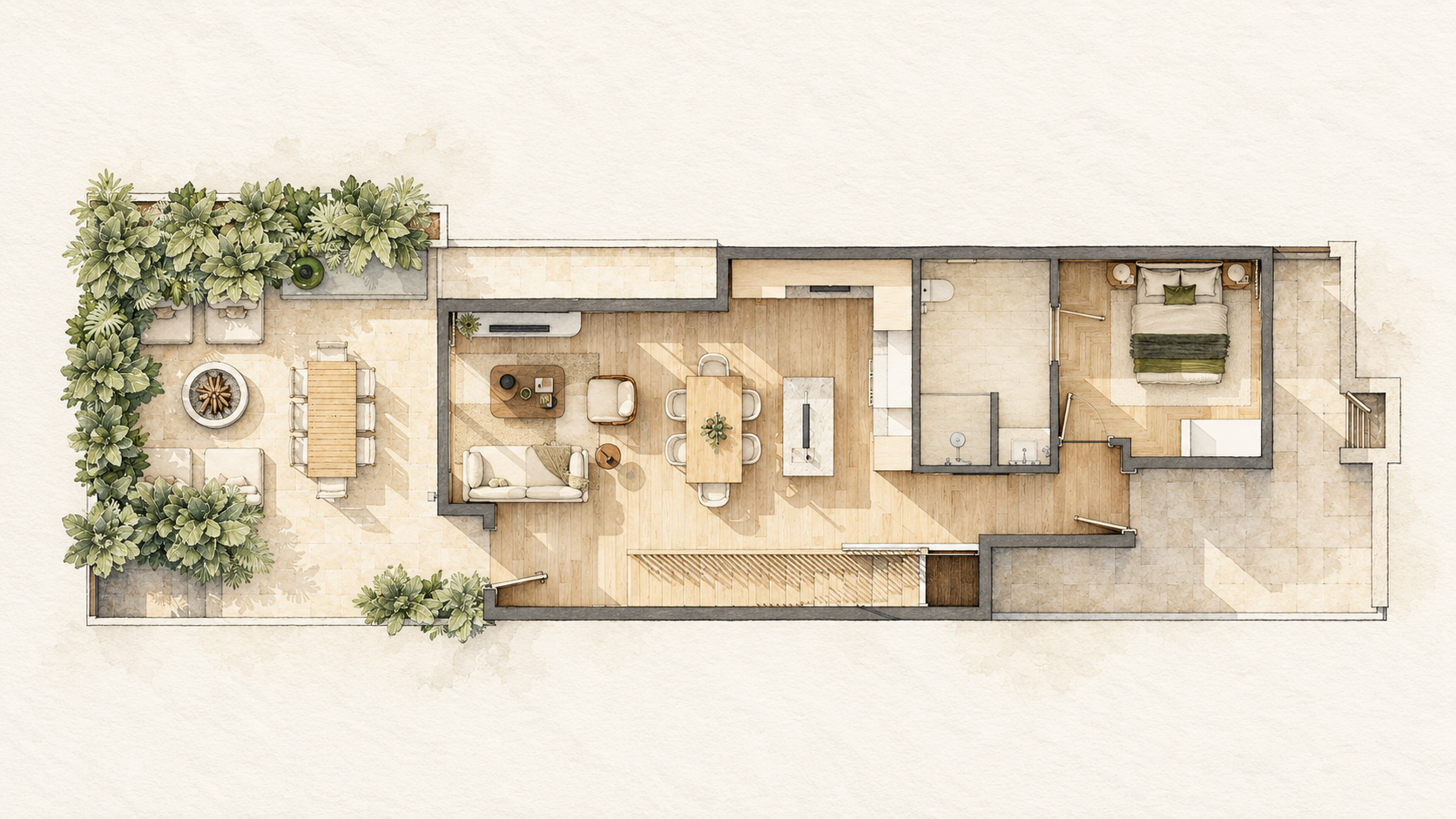 Ground floor — The open kitchen, dining, and living area connects to a planted terrace designed for outdoor meals and gathering. A separate bedroom and bathroom give this level a convenient space for guests.