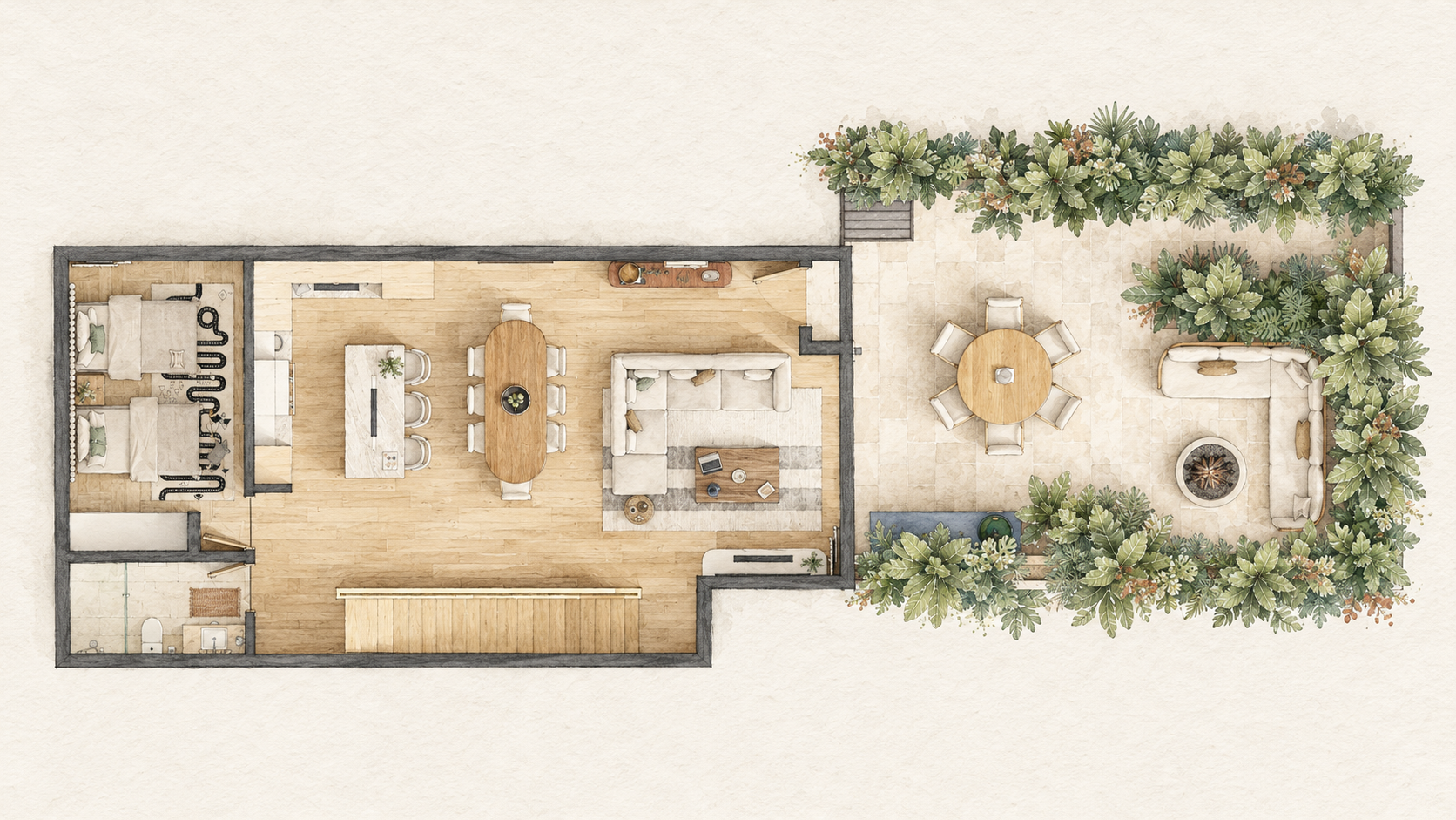 Main Level — Living, dining, and kitchen spaces flow toward a landscaped patio with outdoor seating, dining, and a fire pit. A guest bedroom and bathroom complete the floor.