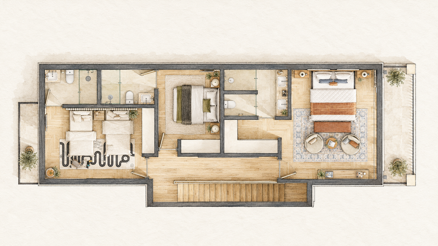 Upper Level — Three bedrooms make up the private floor. The primary suite includes a sitting area and terrace; the other bedrooms share the level with the children’s room and bathrooms.