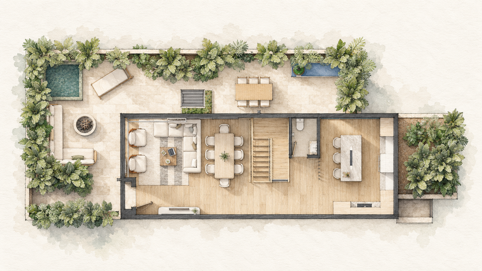 Ground floor — The kitchen, dining area, and living room flow together and open onto a planted terrace. Outdoor seating, dining, and a small plunge pool extend the living space into the garden.