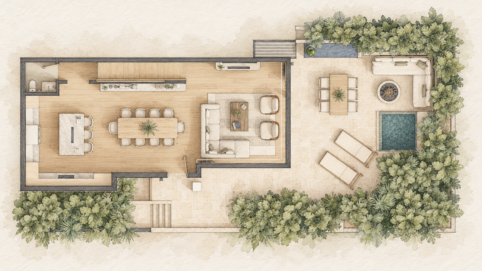 Ground floor — The kitchen, dining, and living spaces open toward an expansive planted terrace. Outdoor dining, lounge seating, and a plunge pool create several places to gather or unwind.