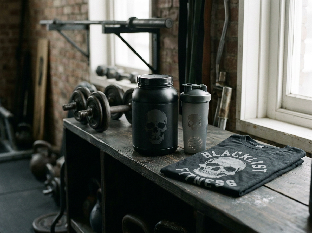 Gym workout area with black shaker bottles, dumbbells, and a folded t-shirt featuring a skull and the words 'Blacklist Fitness' on a wooden table near a large window.