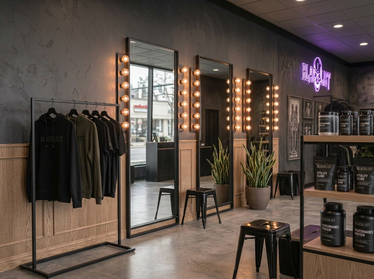 Interior of a fitness apparel store with three mirrors framed by light bulbs, a clothing rack with hoodies labeled 'Blacklist', potted plants, and shelves with supplement containers, neon sign reading 'BLACKLIST', and a storefront visible through the windows