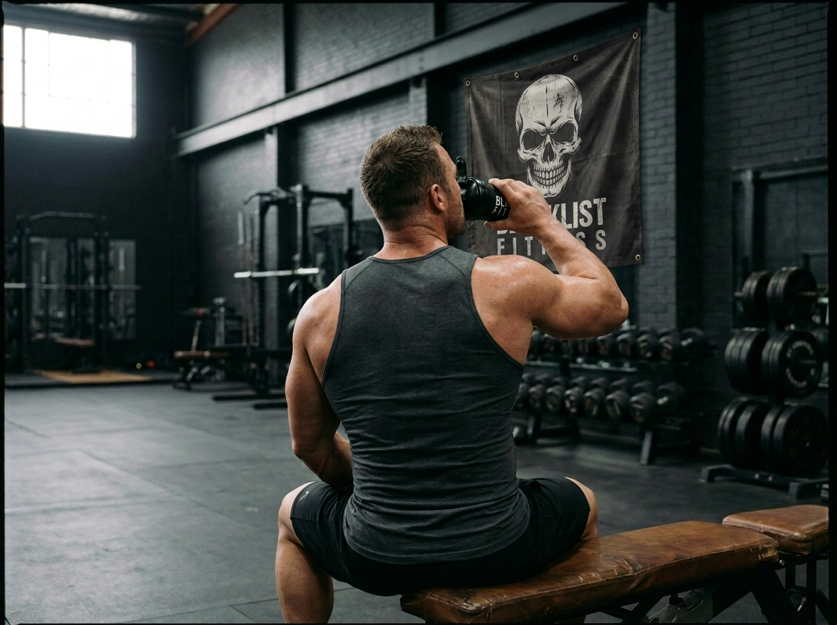 Man sitting on a bench in a gym, drinking from a water bottle, with gym equipment and a skull and crossbones banner in the background.