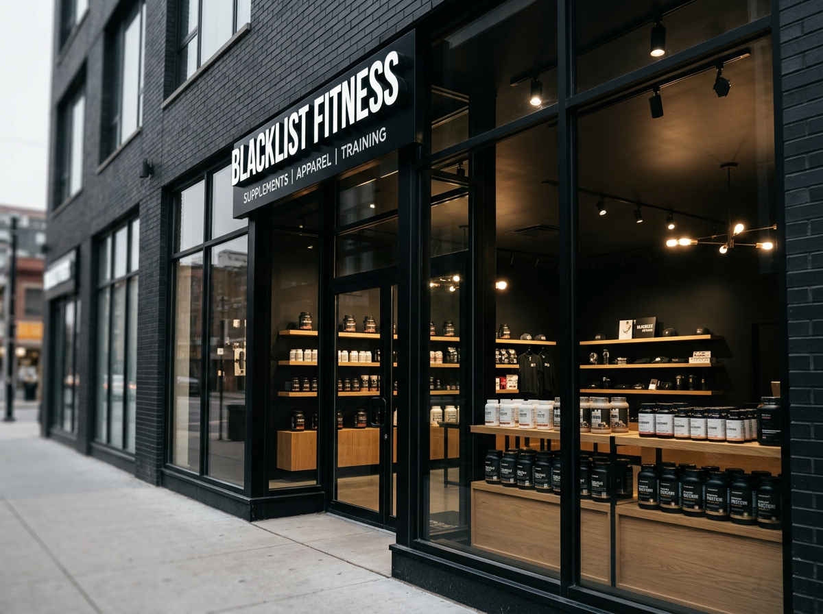 Exterior view of Blacklist Fitness store with black brick walls and large glass windows, displaying shelves of supplements and fitness products inside