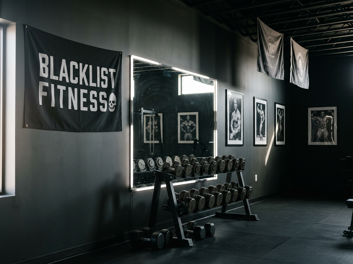 Empty workout room with black flags that say "Blacklist Fitness" and feature a skull, framed black-and-white photos of muscular individuals on the wall, and a rack of dumbbells