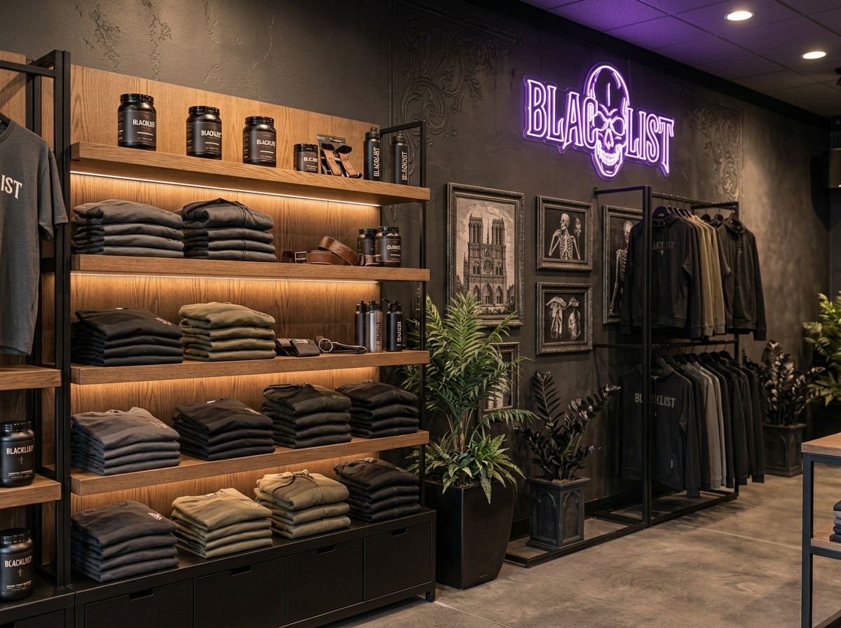 Clothing store display with folded hoodies and t-shirts, shelves with black containers, a neon sign reading 'Blacklist' with skull logo, framed pictures of Gothic architecture and skeletons, and clothing racks with hoodies and jackets